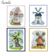 Joy Sunday Four Seasons Windmill Cross Stitch Fabric Aida 14ct 11ct Ptinted On Canvas Counted Cross Stitch Kits For Embroidery 2024 - buy cheap