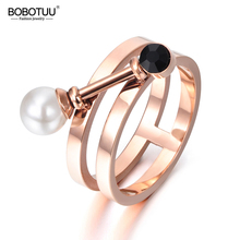BOBOTUU New Design Simulated Pearl & Black Cubic Zirconia Ring Jewelry Titanium Steel Engagement Wedding Rings For Women BR17140 2024 - compre barato