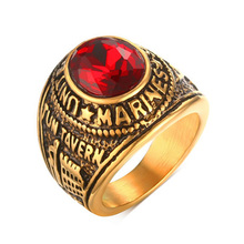 Anel masculino pedra vermelha, anel vintage dourado de aço inoxidável pedra vermelha dos eua, furos, punk rock 2024 - compre barato