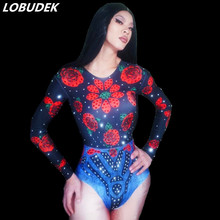 Women Nightclub Stage Wear Sexy Elastic Leotard Sparkly Crystals Rose Flowers Printed Bodysuit Bar Party Costume Dance Catsuit 2024 - buy cheap