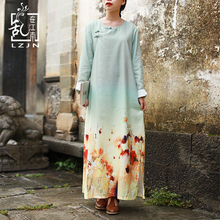 LZJN Floral Print Dress Women Autumn 2019 Chinese Style Long Sleeve Elegant Maxi Shirt Dress Vintage Robe Femme Casual Vestidos 2024 - buy cheap