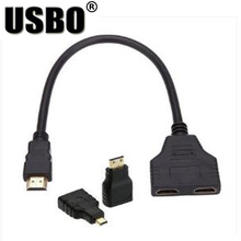 With adapter black 30CM 1.4V HDMI HDTV computer transfer line high speed HDMI male to female one-into-two audio video HD cable 2024 - buy cheap
