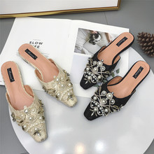 Modis Sexy lace summer slides women luxury crystal beading pearls mules ladies roman closed toe flat slippers loafers shoes 2019 2024 - buy cheap