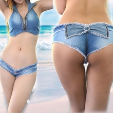 Pantalones cortos de jean para mujer, shorts sexys de cintura baja, triangulares, con lazo, para playa y verano 2024 - compra barato
