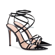 Pointed Toe Narrow Band Thin High Heel Sandals Black Silver Patent Leather Cross Tied Stiletto Heel Sandal Fashion Summer Shoes 2024 - buy cheap