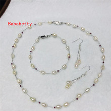 Collar de perlas naturales de agua dulce en forma de arroz, conjunto de pendientes de 18 "y 7,5", collar Multicolor blanco de 5-6MM, AAA 2024 - compra barato