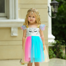 Летнее Детское платье для девочек, красочное Радужное платье с единорогом, вечерние нее платье принцессы на день рождения и аксессуары для волос 2024 - купить недорого