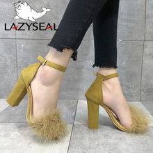 LazySeal High Heels Fur Ladies Sandals Women Pumps Shoes New Summer Buckle Strap Female Gladiator Wedding Shoes Plus Size 34--43 2024 - buy cheap