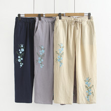 Plus size Women Embroidered Casual Pants Summer Elastic waist Calf-Length Pants Female National style Cotton Straight Pants G198 2024 - buy cheap