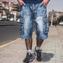 Modis-pantalones cortos vaqueros para hombre, ropa de calle holgada, recta, de gran tamaño, con múltiples bolsillos, azul, Verano 2024 - compra barato