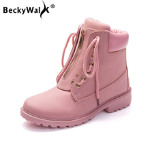 BeckyWalk Nova Moda Martin Botas Mulheres Tornozelo Plana Botas Outono Sapatos de Inverno Mulheres Botas Botas de Trabalho À Prova D' Água Fêmea WSH3020 2024 - compre barato