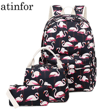 Atinfor conjunto mochila feminina de nylon com estampa de pássaro, bolsa escolar impermeável para livros, notebooks para adolescentes 2024 - compre barato