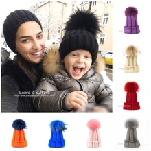 LAURASHOW Children Winter Raccoon Fox Fur Hat Girls Boys Real Fur pompoms Ball Baby Beanies Cap Kids Knitted Hats 2024 - buy cheap