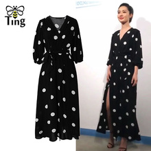 Tingfly Casual Dress Sundress Summer Short Sleeve Sexy V-neck Long Split Dress Polka Dot Vocation Beach Long Midi Dresses 2024 - buy cheap