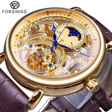 Forsining-Reloj de pulsera para hombre, de marca, con esqueleto dorado real, manos azules, marrón, correa de cuero genuino, mecánico, 2019 2024 - compra barato