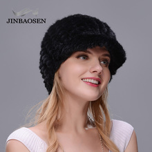 JINBAOSEN-gorros de piel de visón Real para mujer, gorro grueso y cálido, tejido de piel de visón, pompones con bola de piel de zorro, marca de invierno 2024 - compra barato