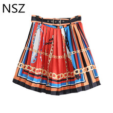 NSZ Women Chain Print Satin Pleated Mini Skirt with Belt Cute High Waist Skirt Sweet Split Short School Skirt 2024 - buy cheap