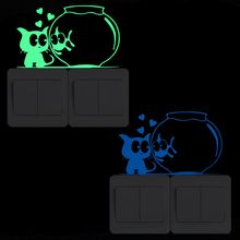 Cat and A Fish in the Fishbowl Cartoon Switch Sticker Glow in the Dark Wall Sticker Funny Fluorescent Sticker Kids Room Decor 2024 - buy cheap