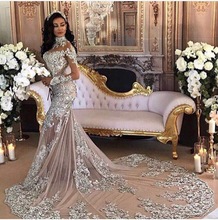 Elegant Muslim Evening Dress Mermaid Long Sleeves Lace High Neck Beads Crystal Formal Prom Dress Party Gown Robe De Soiree 2020 2024 - buy cheap