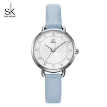 Shengke Fashion Glitter Dial Women Watches Blue Leather Watch Movement Quartz Watches Slim Buckle Strap Reloj Mujer Montre Femme 2024 - compre barato