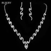 BLIJERY Wave Shape Crystal Wedding Jewelry Sets Silver Color Necklace Earrings Bridal Jewelry Sets Prom Wedding Accessories 2024 - buy cheap