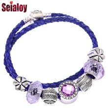 SEIALOY Blue Woven Leather Purple Beads Brands Bracelets For Women Men Eternal Love Charm Bracelet Bangle Jewelry Gift 2024 - buy cheap