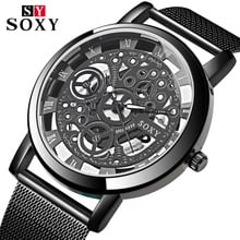 Relógio masculino de esqueleto soxy, fashion, de marca de luxo, relógio masculino de malha de aço, relógio masculino 2024 - compre barato