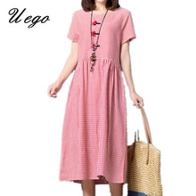Uego Short Sleeve Loose Summer Dress Cotton Linen Print Plaid Buckle Vintage Chinese Style Dress 2020 Women Casual Midi Dress 2024 - buy cheap