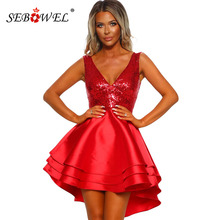 SEBOWEL Sparkle Sexy Sequin Multi Layer Skater Party Dress Women Glitter Sequined Sleeveless Deep V Night Club Mini Dresses 2024 - buy cheap