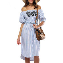 SAGACE Women Dress Striped Summer Dress 2019 Off shoulder Dress Casual Short Sleeve Slash Neck Striped Casual Dress Female new 2024 - buy cheap
