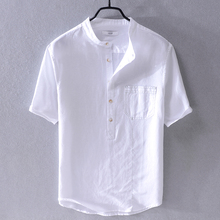 2019 camisa de manga corta de algodón y lino para hombre con cuello de soporte y camisa de marca de verano para los hombres 2024 - compra barato