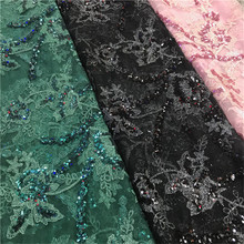 Tela de encaje de tul con lentejuelas y flores, tejido bordado de malla para vestido, ropa, Cheongsam artesanal, 1 yarda 2024 - compra barato