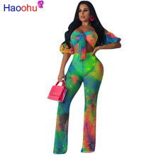Rainbow Tie Dye Sexy Two Piece Set Tracksuit Fishnet Hollow Out Crop Top+Bodycon Pants Summer See Through 2 Piece Beach Outfits 2024 - buy cheap