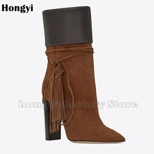 Fashion Thick High Heel European Style Fringe Designer High Heel Boots Women Tassel Pointed Toe Mid-calf Gladiator Block Booty 2024 - buy cheap