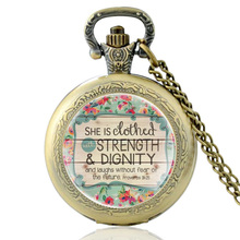 She is Clothed Strength & divity Bible Verse винтажные бронзовые кварцевые карманные часы ретро для мужчин и женщин религиозное ожерелье часы подарки 2024 - купить недорого