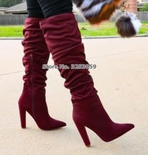 ALMUDENA Women Burgundy Suede Chunky Heel Knee High Boots Pointed Toe Folded Zipper Long Boots Concise Thick Heel Shoes Pumps 2024 - buy cheap