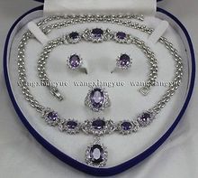 Beautiful!Amethyst Inlay Link Bracelet earrings Ring Necklace Set >^^1>18K gold plated watch Quartz stone CZ crystal 2024 - buy cheap