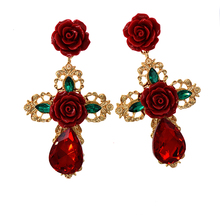 Big dangle Earring for Women red crystal flowers Statement Drop Earrings Big Cross rhinestones drop Earrings vintage Jewelry 2024 - buy cheap