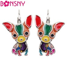 Bonsny brincos de cachorro esmaltados, chihuahua sentado, clipe francês, novidade, animal, joias para meninas, mulheres, decoração de animais de estimação em massa 2024 - compre barato