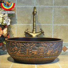 Handmade Engraved Bird Couple Ceramic Lavabo Bathroom Sink Wash Basin 2024 - buy cheap