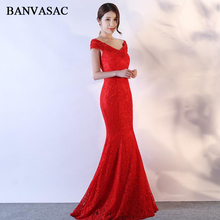BANVASAC 2018 V Neck Lace Embroidery Mermaid Long Evening Dresses Party Sequined Short Cap Sleeve Backless Prom Gowns 2024 - buy cheap