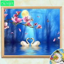 OUYIJIA 5D DIY Diamante Pintura "amantes Cisnes sob a lua e flores" Praça Cheia de Diamantes Strass Bordados Mosaico pic 2024 - compre barato