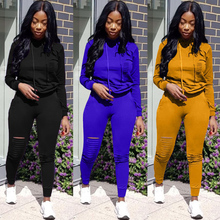 Long Sleeve TWO PIECE SET Hoodie Ripped Pants Jogger Women Tracksuit Cut Out Hole Sweatshirt 2 Piece Winter Suit Outfits Clothes 2024 - buy cheap