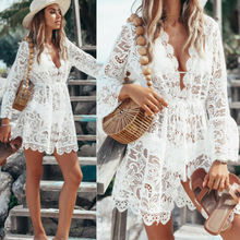 Women Ladies 2019 Fashion Summer Deep V Neck Sexy Long Sleeve Lace Hollow Out Beach Short Mini Dress 2024 - buy cheap