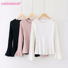 LUNDUNSHIJIA 2018 New Arrival Women Elegant Knitting Flare Sleeve Shirt O-neck Blouses Ladies Autumn Short Slim Tops Blusas 2024 - buy cheap