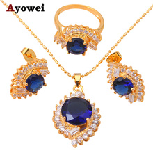 Popular style  gold color Blue Zircon Crystal Jewelry Sets Earrings Necklace Ring sz #6 #8 #7 #9 Fashion Jewelry JS238A 2024 - buy cheap