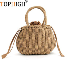 Newly Straw Bucket Basket Bag Women ins Hot Summer Drawstring Tote Lady Handbag Small Sweet Korean Knitted Beach Bag C104 2024 - buy cheap