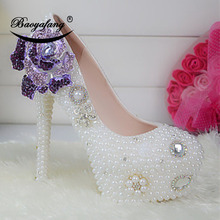 Zapatos de boda para mujer, calzado de vestir de fiesta nupcial con perlas blancas, zapatos de plataforma de tacón alto con flores púrpuras, novedad de 2019 2024 - compra barato