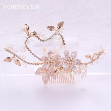 Floral and Pearl Hair Comb Golden Bride Head Jewelry Tiaras Headbands Rhinestone Pearl Hair Comb Bride Accessories Headpiece 2024 - buy cheap