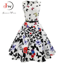 Summer Vintage Dress Print Floral 50s 60s Sexy Party Dresses Sleeveless Retro Robe Femme Casual Swing Dress With Belt 2024 - buy cheap